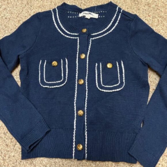 ANN TAYLOR LOFT TOPSTITCHED NAVY WHITE GOLD BUTTON SWEATER JACKET CARDIGAN XXSP - Picture 7 of 7